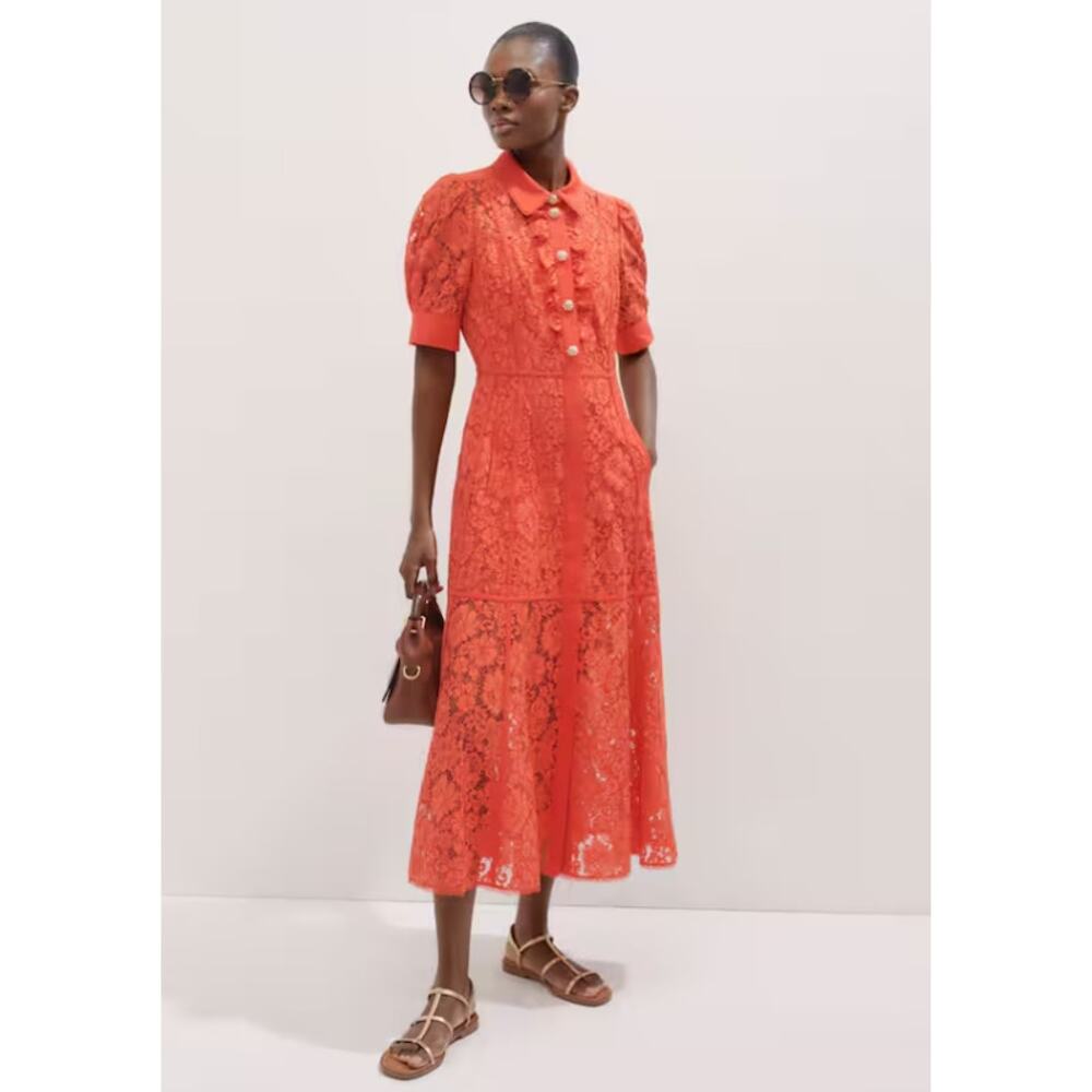 ME+EM Guipure Lace Ruffle Maxi Dress Papaya Orange Short Sleeve Women's 8